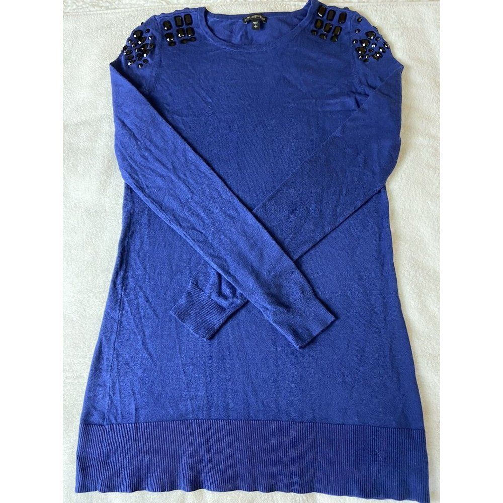 Express Blue long sleeve sweater with black jewel shoulder accent stretch size S